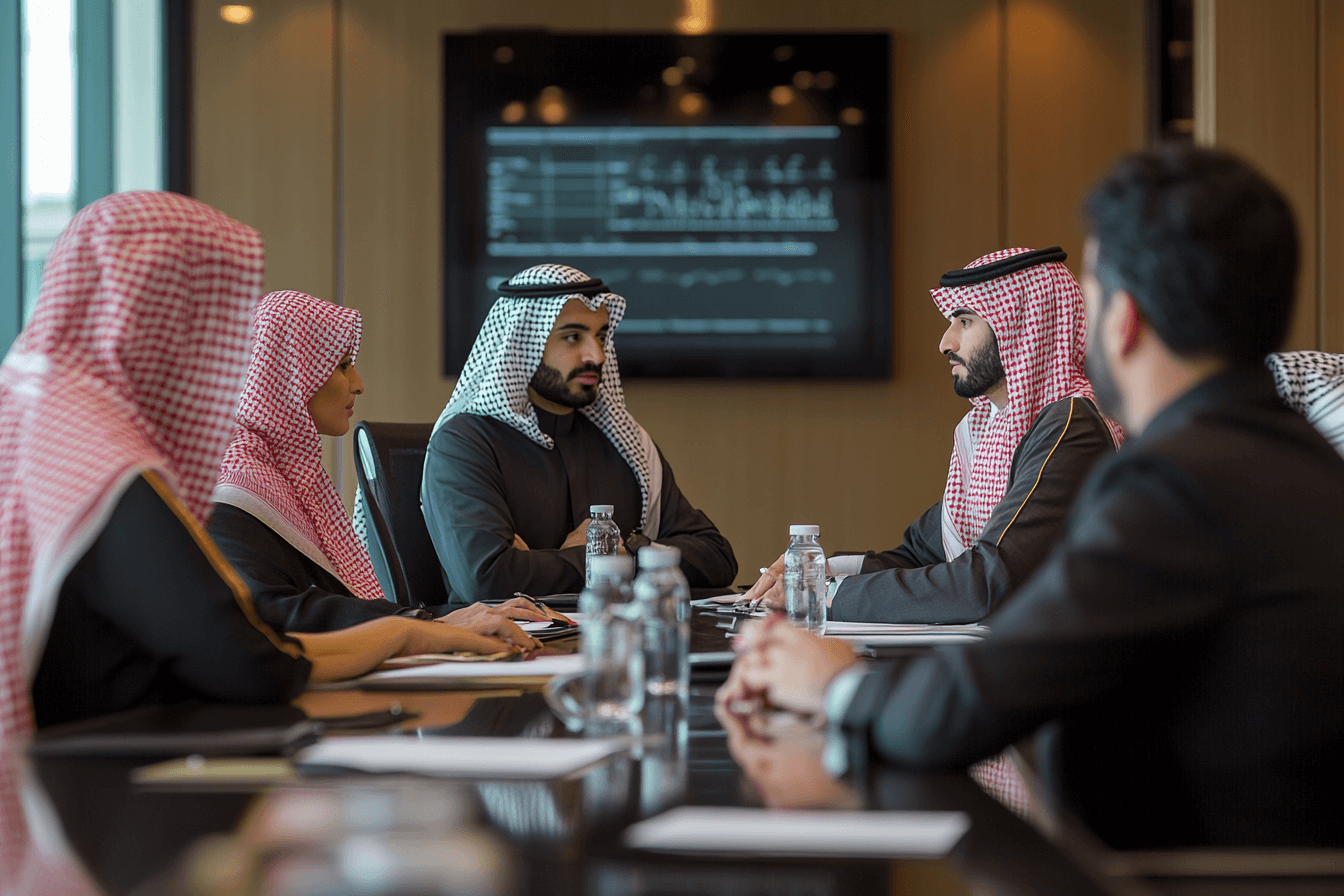 Diverse employees collaborating in a modern office environment in UAE and Saudi Arabia, symbolizing strong employee engagement, leadership interaction, and professional growth.