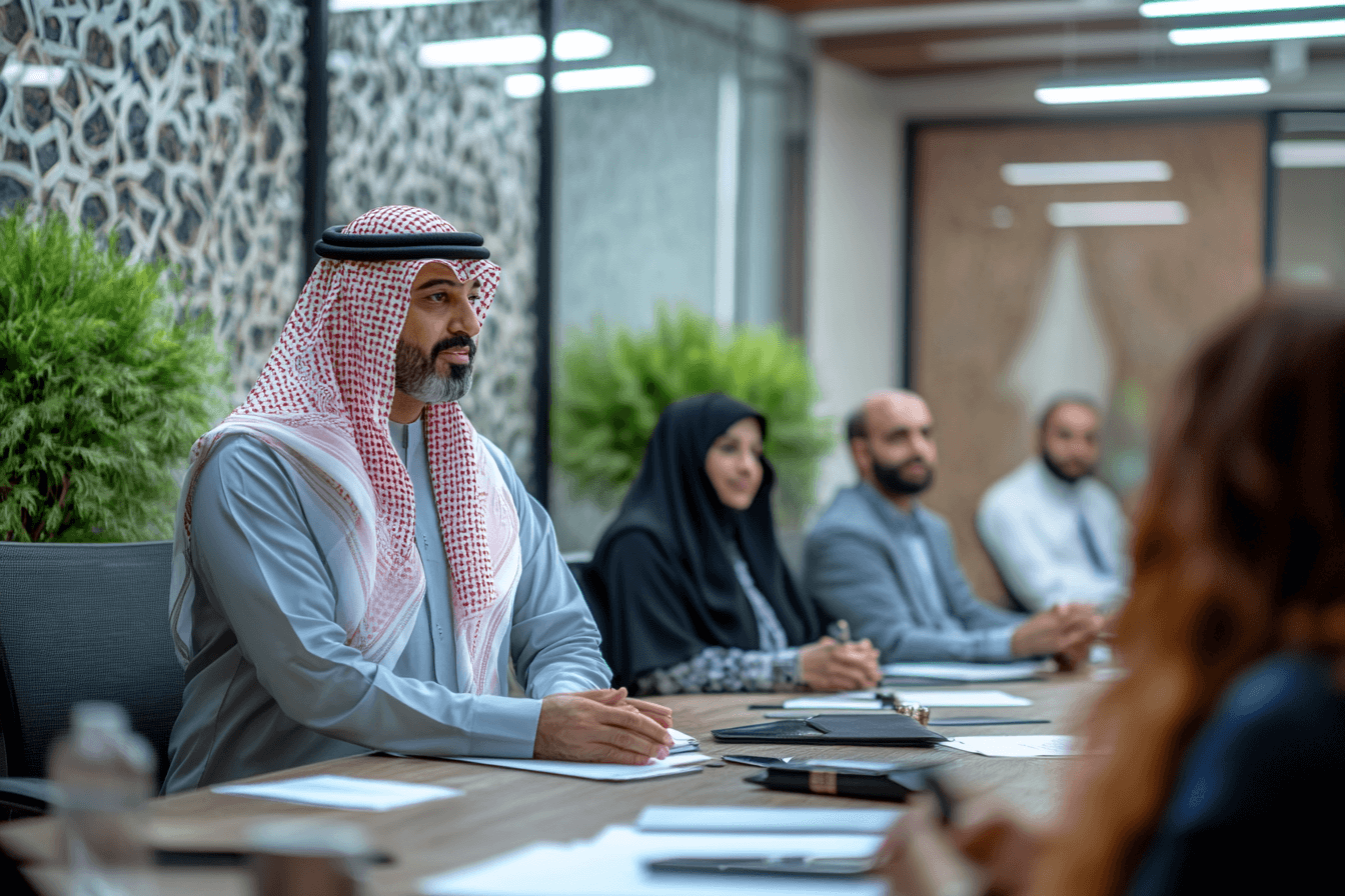 Diverse employees collaborating in a modern office environment in UAE, symbolizing strong employee engagement, leadership interaction, and professional growth