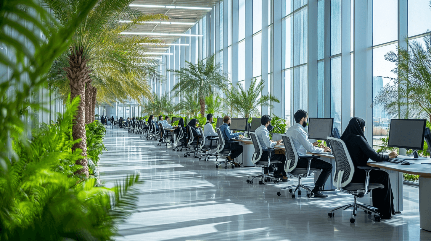 Diverse employees collaborating in a modern office environment in UAE and Saudi Arabia, symbolizing strong employee engagement, leadership interaction, and professional growth.